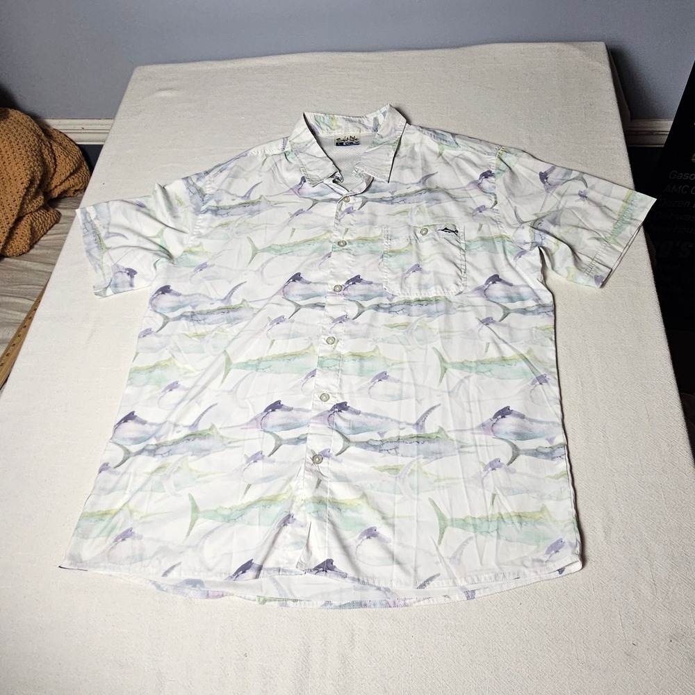 Salt Life SLX Mens Large Short Sleeve Button Down Shirt Marlin Fish Print White